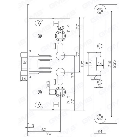 Bevéső zár cilinderes 65/72mm tûzgátló ajtóba Anbo