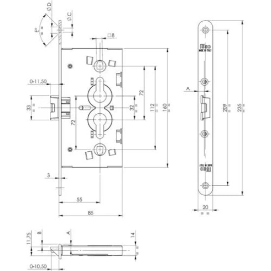 Bevéső zár cilinderes 55/72mm tûzgátló ajtóba Iseo
