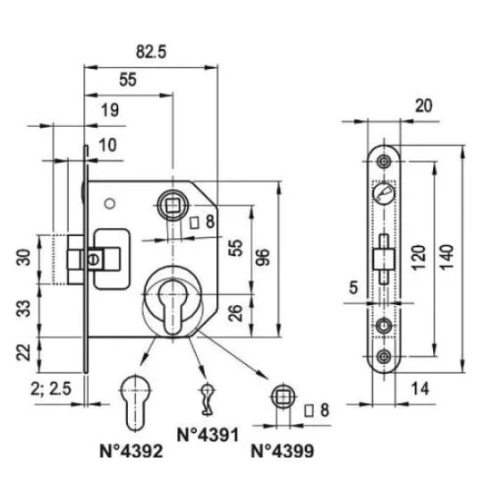 Bevésőzár toalett 55/55mm lővér N°4399 Euro Elzett
