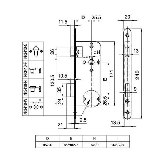 Bevésőzár toalett 90/45mm N°3410-W Euro Elzett
