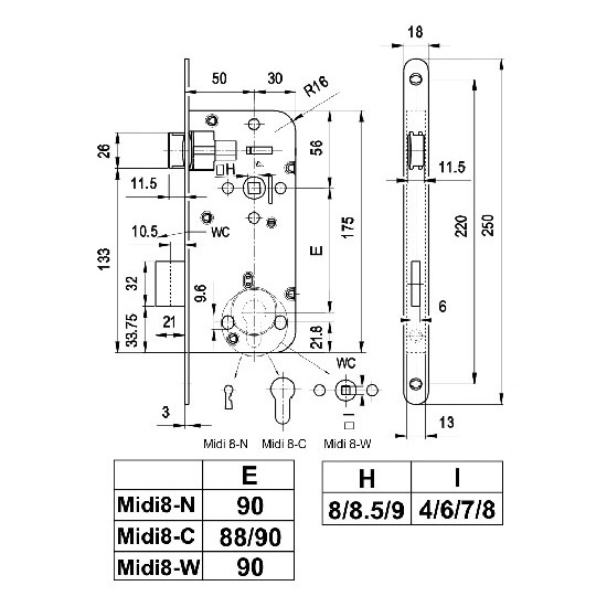 Bevésőzár toalett 90/50mm Midi-8 Euro Elzett