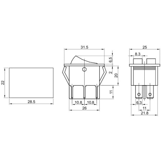 Készülékkapcsoló billenő vil. 2 áramkörös 0-1 6P 25x30mm