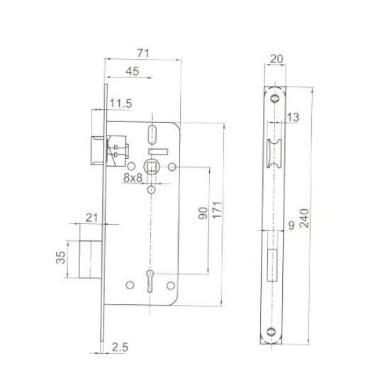 Bevéső zár kulcsos 45/90 N°410 Anbo sarkos előlappal