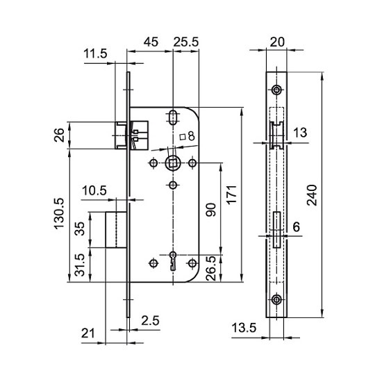 Bevéső zár kulcsos 45/90 N°3411 Euro Elzett