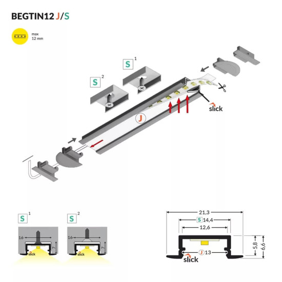 Alu profil süllyeszthető 2m matt fedlappal Topmet Begtin12