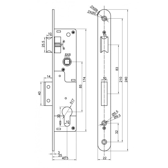 Portálzár kilincs+zártest+zárbetét 25/85mm fekete Anbo