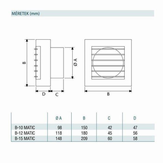 Fürdőszobai ventilátor NA100 Cata B10 Matic automata előlapzárással