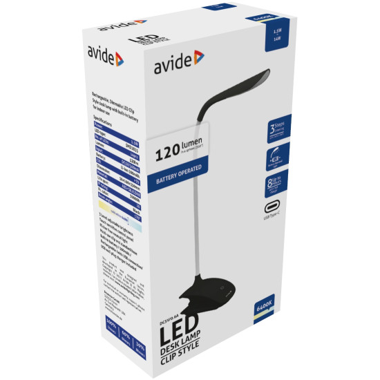 Asztali lámpa LED 1,5W Avide csíptethető fekete